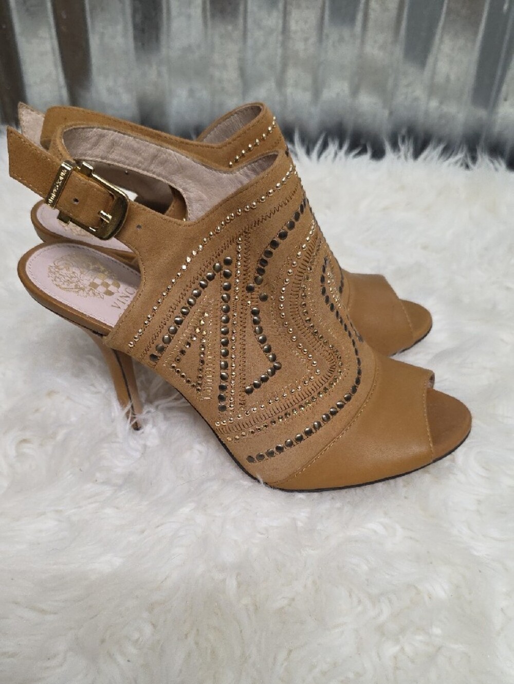 Vince Camuto Tan Studded Peep-Toe Slingback Heels - Picture 3 of 8